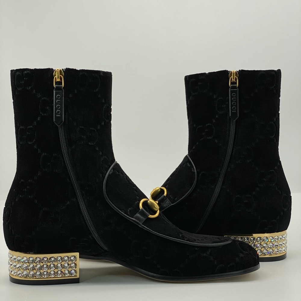 Gucci horsebit GG black velvet crystal heel ankle - Picture 7 of 12